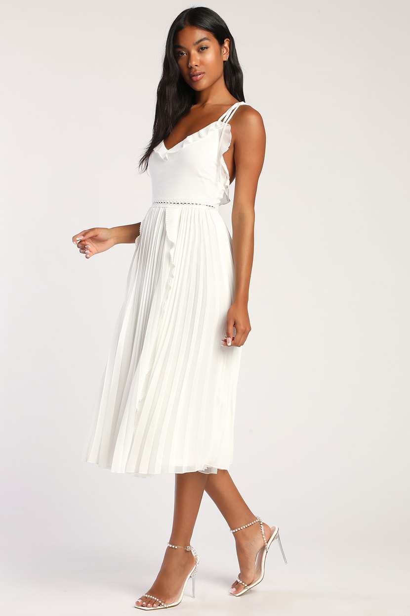 White Tie-Strap Dress - Pleated Dress - Midi Dress - Lulus
