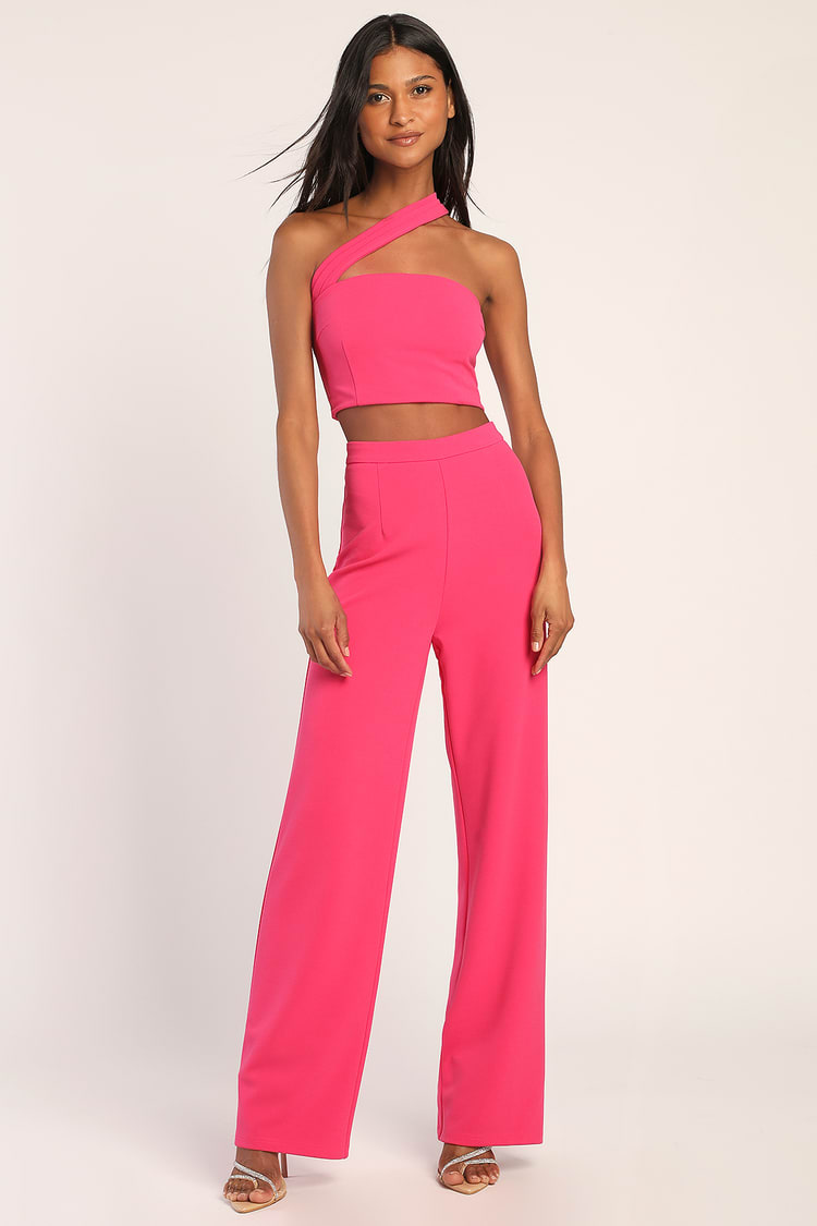 Pink Two-Piece Jumpsuit - One-Shoulder Jumpsuit - Crepe Jumpsuit - Lulus