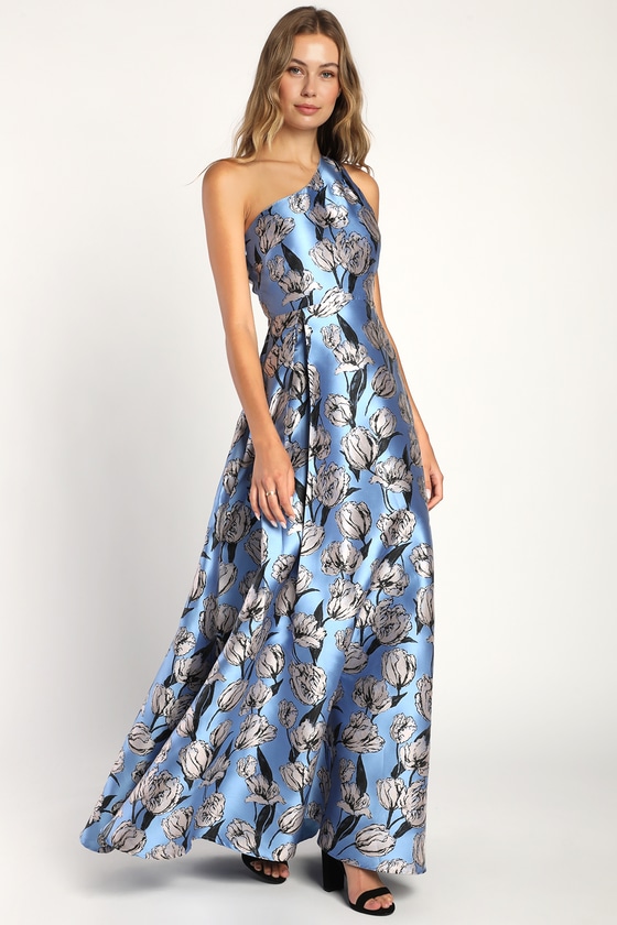 Blue Floral Print Maxi Dress - One-Shoulder Dress - Jacquard Gown - Lulus