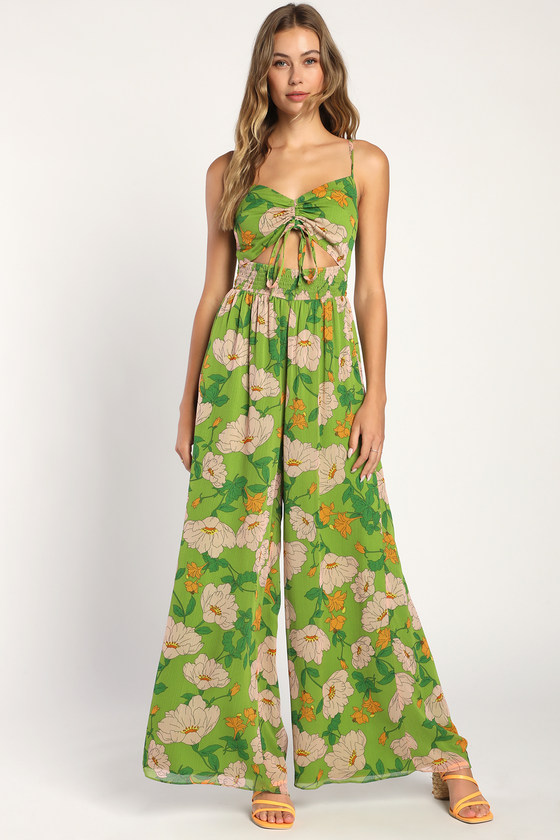 Green Floral Print Jumpsuit - Cutout Jumpsuit - Wide-Leg Jumpsuit - Lulus