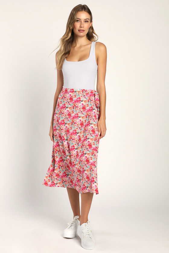 Pink Floral Print Skirt - Wrap Midi Skirt - Midi Wrapping Skirt - Lulus