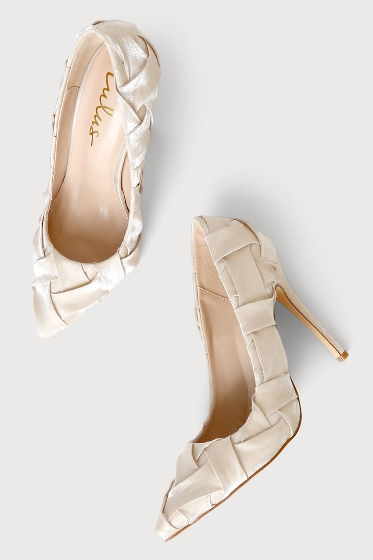 Satin Pointed-Toe Pumps - Woven High Heel Pumps - Nude Pumps - Lulus