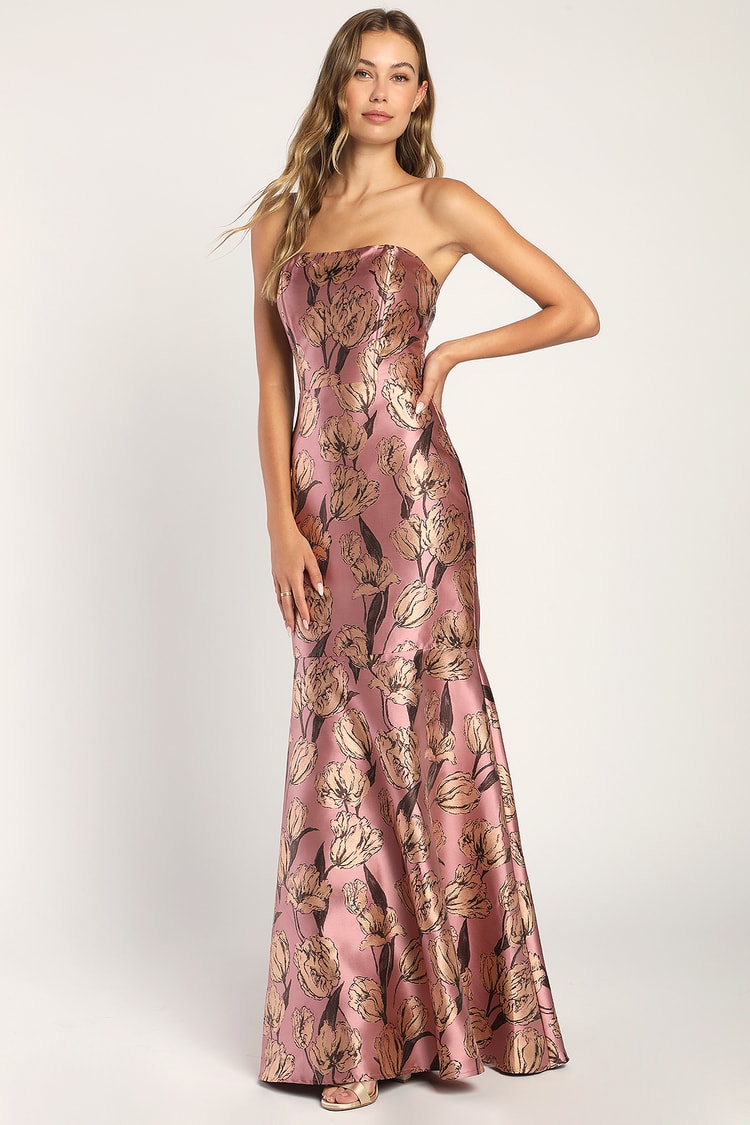 Mauve Floral Maxi Dress - Strapless Maxi Dress - Jacquard Dress - Lulus