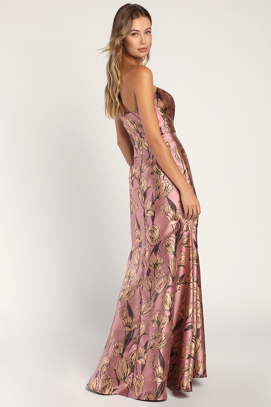 Mauve Floral Maxi Dress - Strapless Maxi Dress - Jacquard Dress