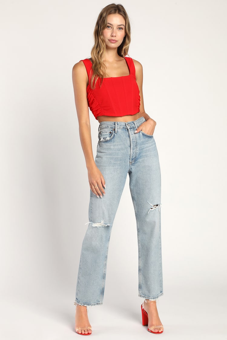 Red Corset Top Sleeveless Square Neck Crop Structured
