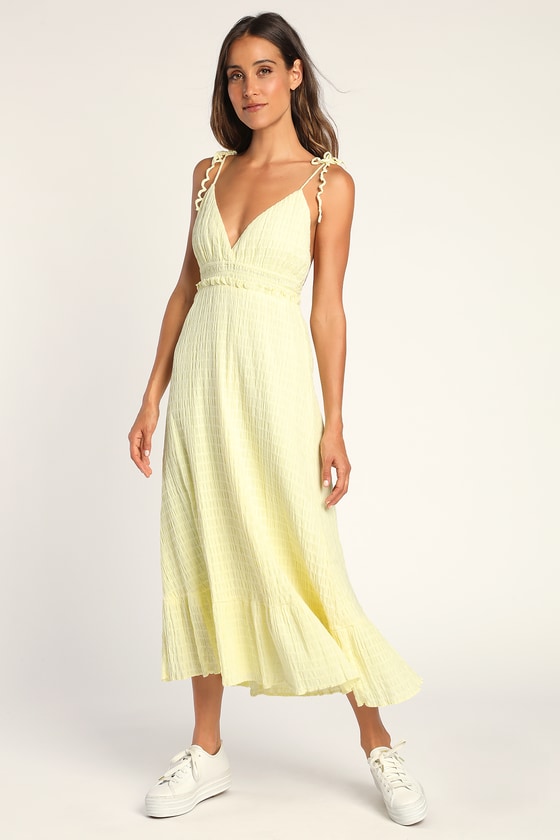 Light Yellow Midi Dress - Smocked Midi Dress - Tie-Strap Dress - Lulus