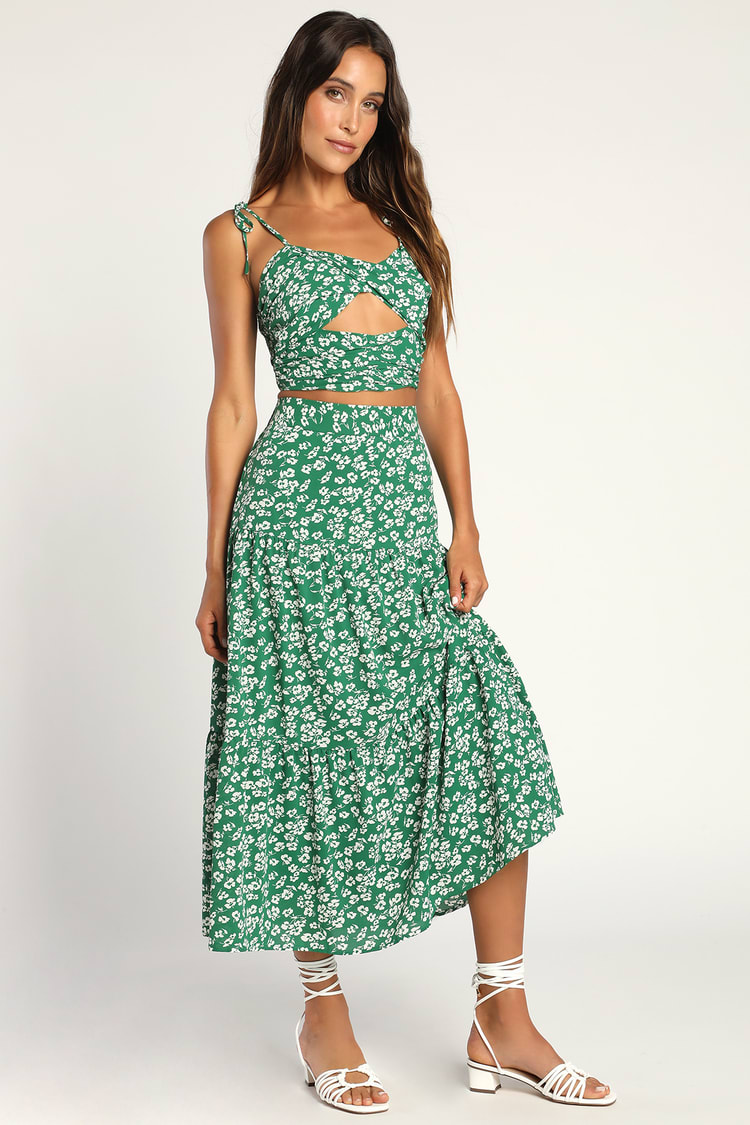 Green Floral Midi Dress - 2-Pc Midi Dress - Tie-Strap Dress - Lulus