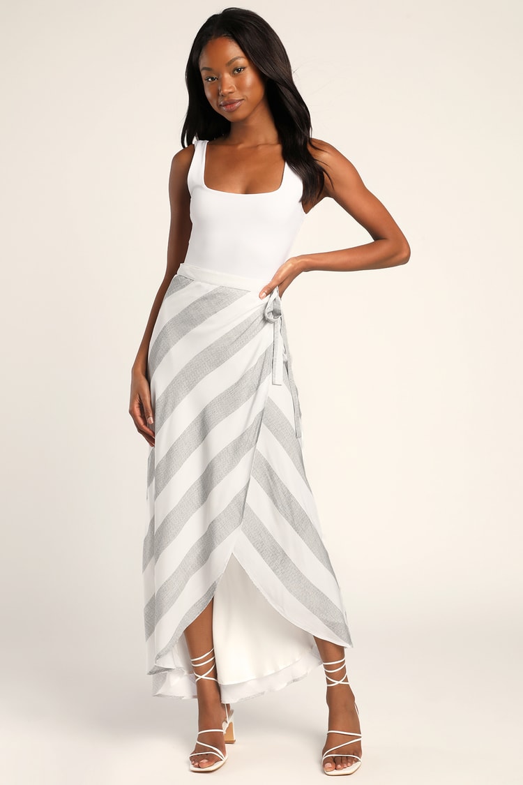 Chic Grey and White Striped Skirt - Striped Wrap Skirt - Lulus
