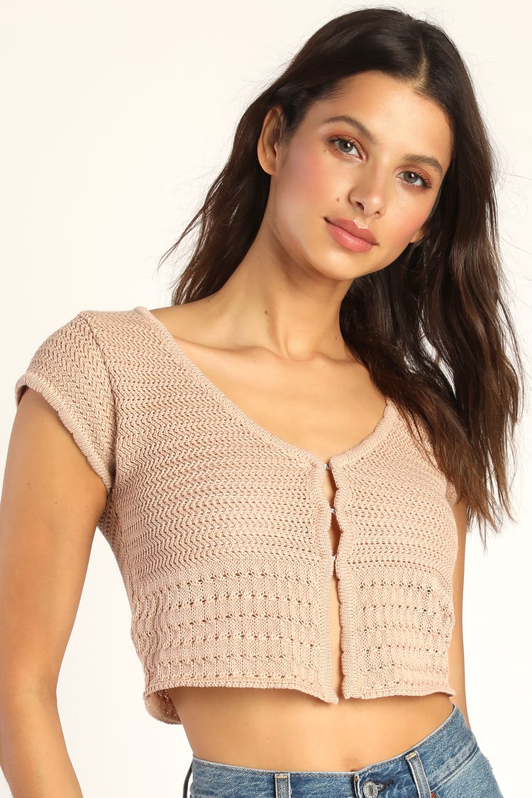 Taupe Crochet Top - Short Sleeve Crochet Top - Cardigan Top - Lulus