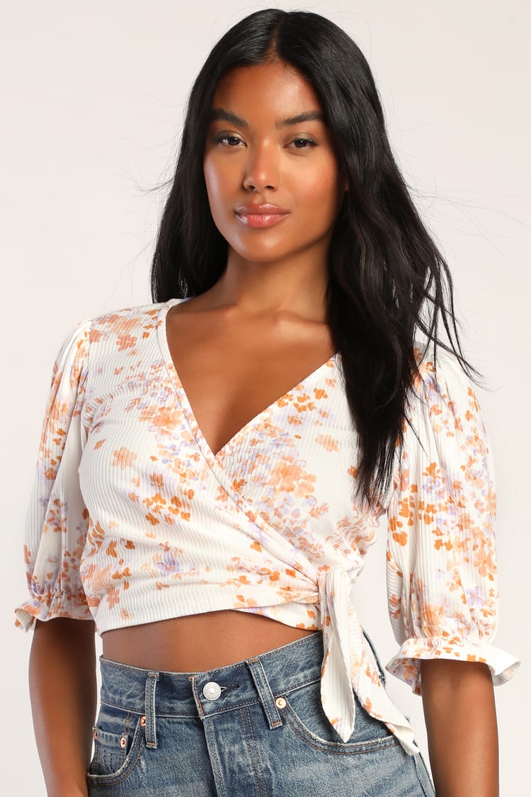 Ivory Floral Print Wrap Top -Puff Sleeve Top - Wrap Top - Lulus