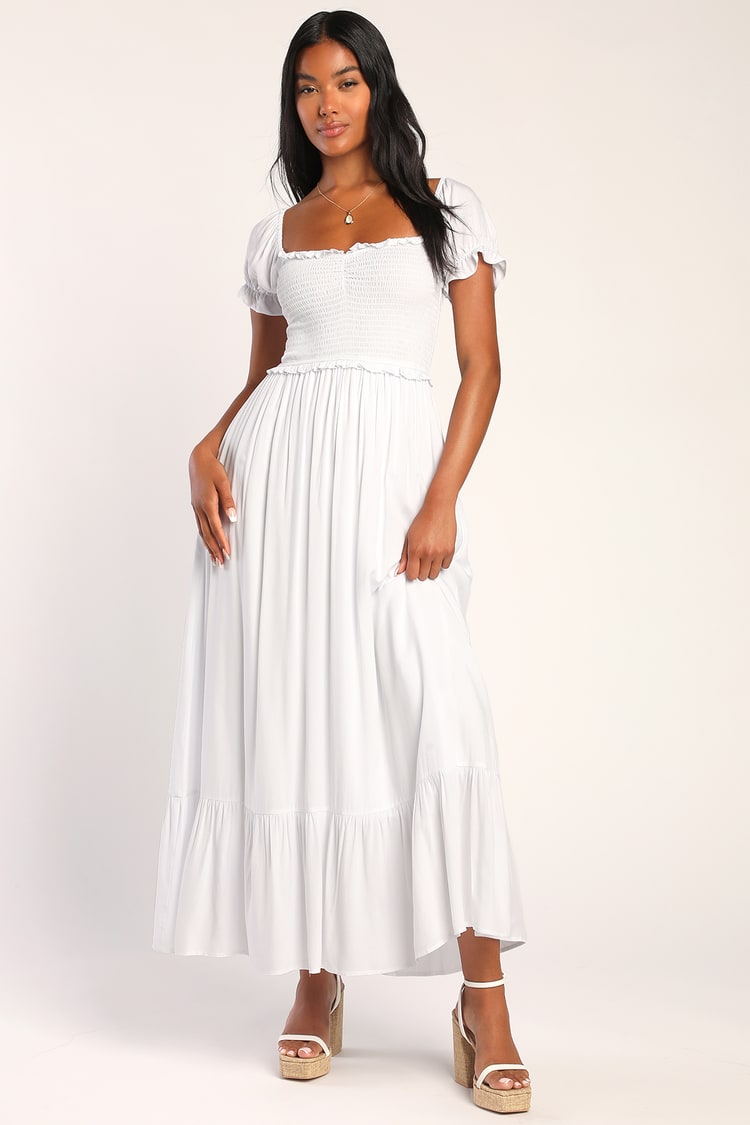 White Print Dress - Ruffled Maxi Dress - Puff Sleeve Dress - Lulus