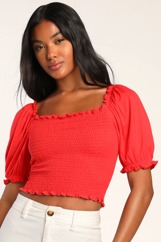 Red smocked cheap crop top