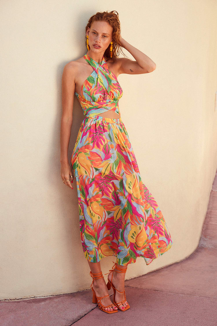 Tropical Multi Maxi Dress - Halter Maxi Dress - Cutout Maxi Dress - Lulus
