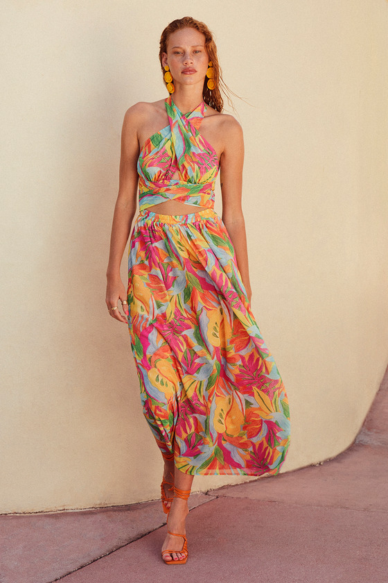 Tropical halter hot sale maxi dress