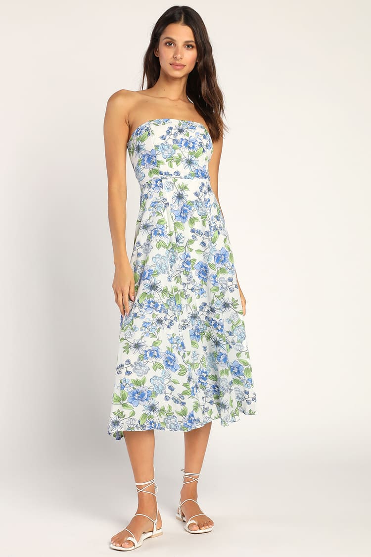 Strapless Midi Dress - Floral Dress - Flared Midi Dress - Lulus