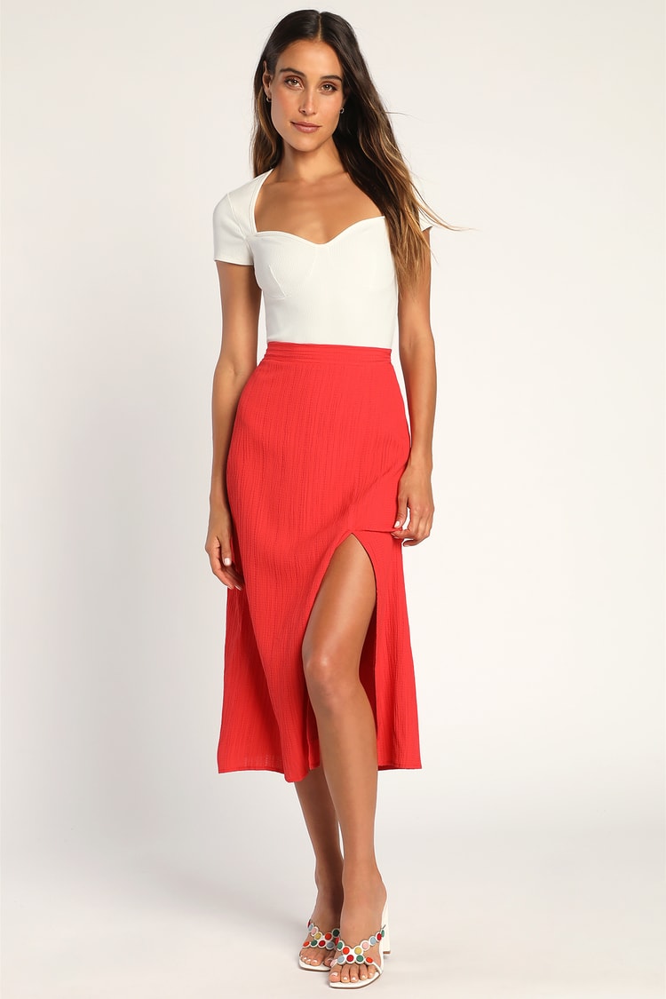 Coral Red Midi Skirt - Textured Midi Skirt - Midi Skirt with Slit - Lulus