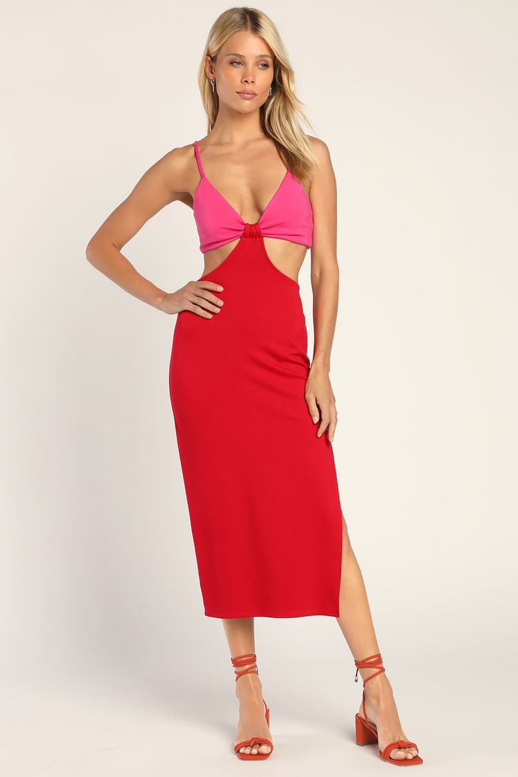 Color Block Midi Dress - Pink and Red Dress - Cutout Midi Dress - Lulus