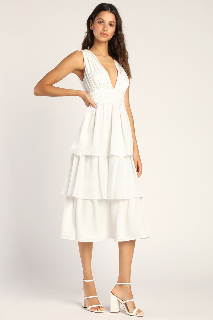 White Midi Dress - Satin Midi Dress - Tie-Back Tiered Dress - Lulus