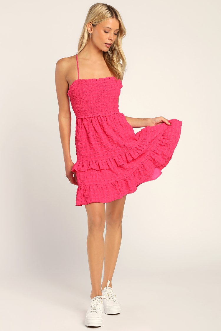 Hot Pink Mini Dress - Smocked Mini Dress - Tie-Back Mini Dress - Lulus