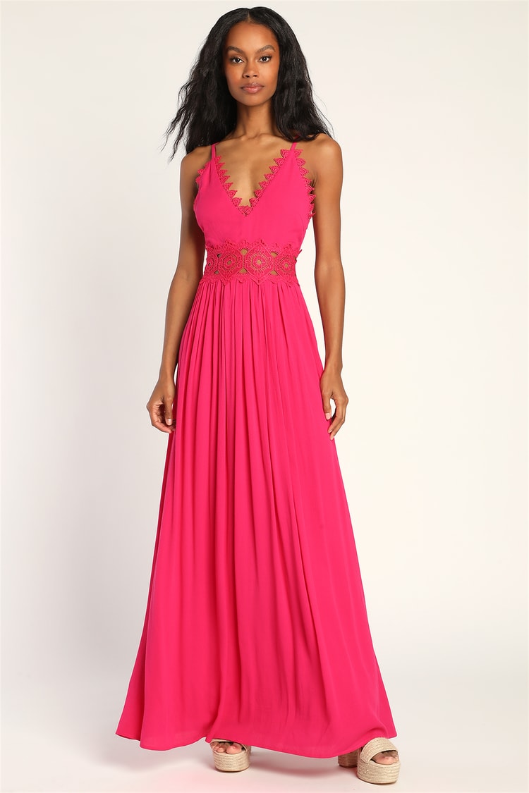 Lovely Hot Pink Maxi Dress - Lace Maxi Dress - Plunge Neck Maxi - Lulus