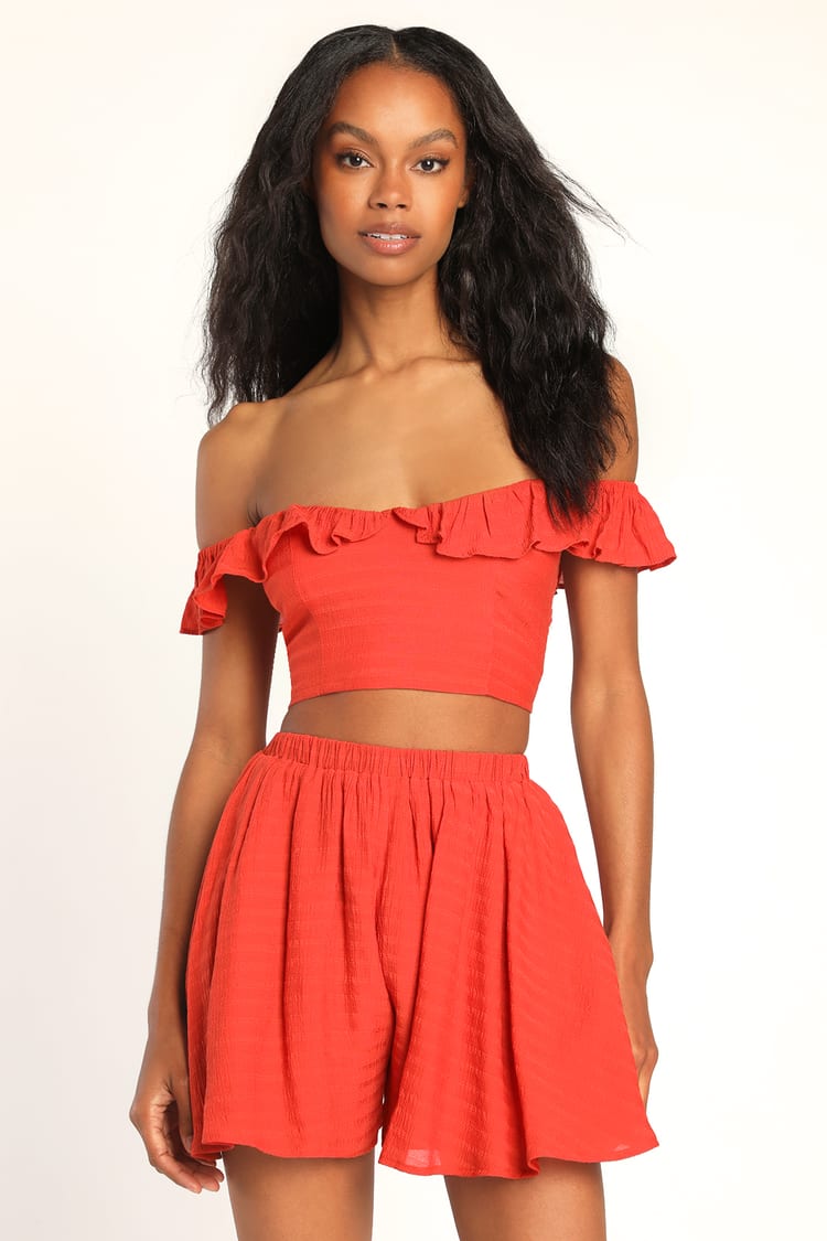 Spring to It Rust Red Off-the-Shoulder Two-Piece Romper
