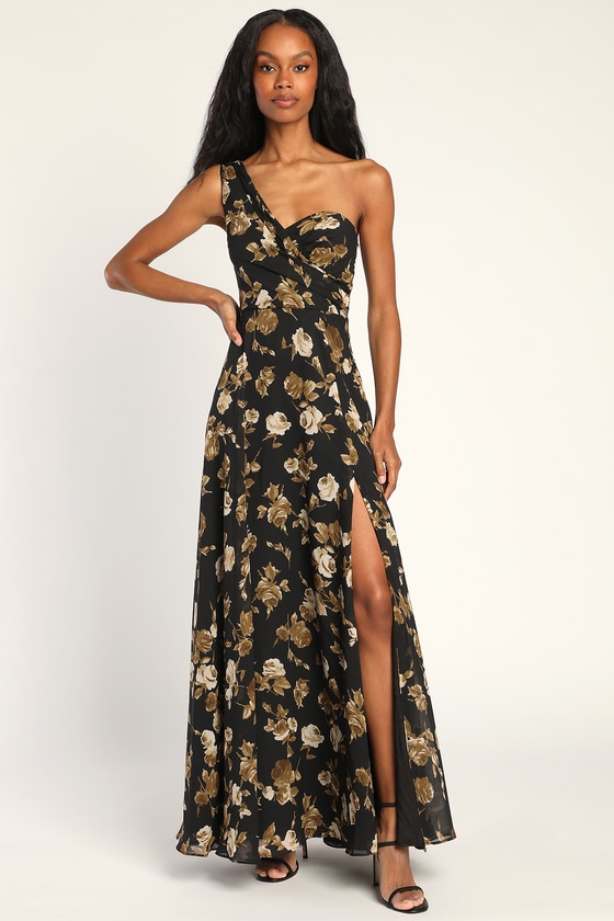 Lulus Fashionably Refined Black Floral Print One-shoulder Maxi Dress