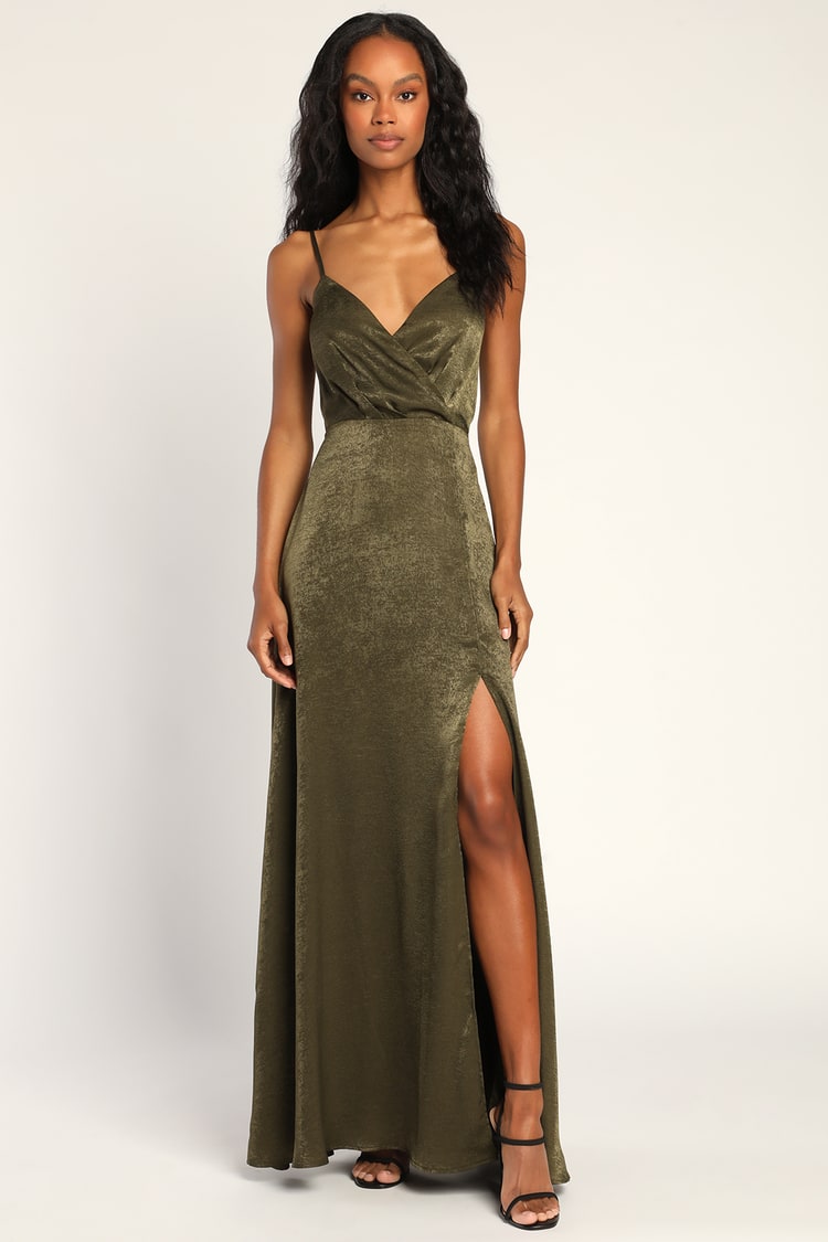 Sexy Olive Green Maxi Dress - Satin Maxi Dress - Surplice Dress - Lulus