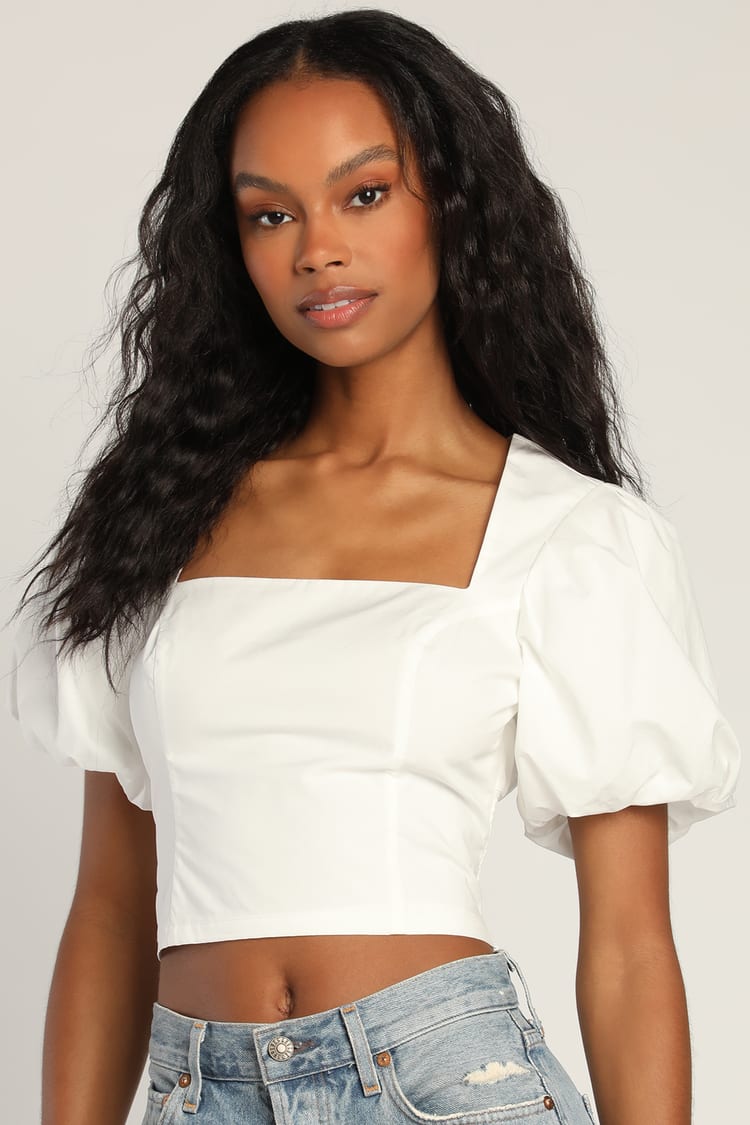 White Cropped Top - Square Neck Top - Puff Sleeve Top - Lulus