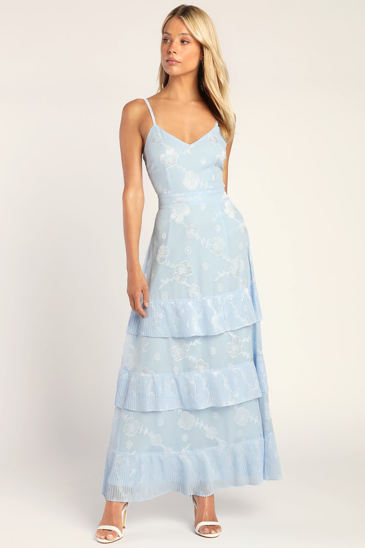 Light Blue Floral Maxi Dress - Tiered Maxi Dress - Tie-back Dress - Lulus