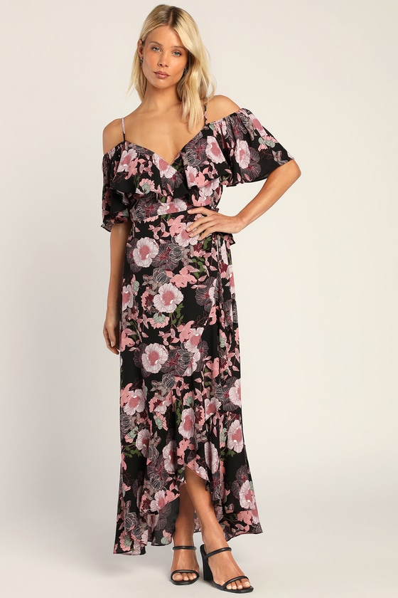 Black Floral Print Dress - Wrap Maxi Dress - High-Low Dress - Lulus