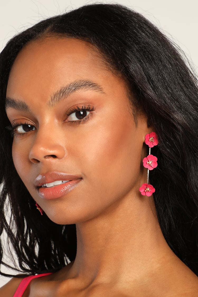 Magenta Flower Earrings - Shoulder-Duster Earrings - Drop Earring - Lulus