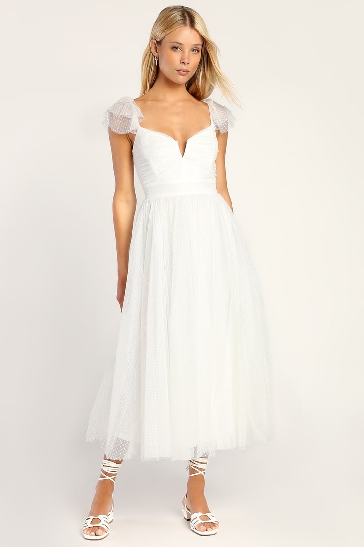 White Mesh A-Line Dress - Flutter Sleeve Dress - Gown Midi Dress - Lulus