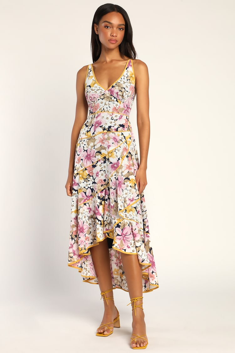 Multi Floral Backless Dress - High-Low Dress - Lace-Up Midi Dress - Lulus