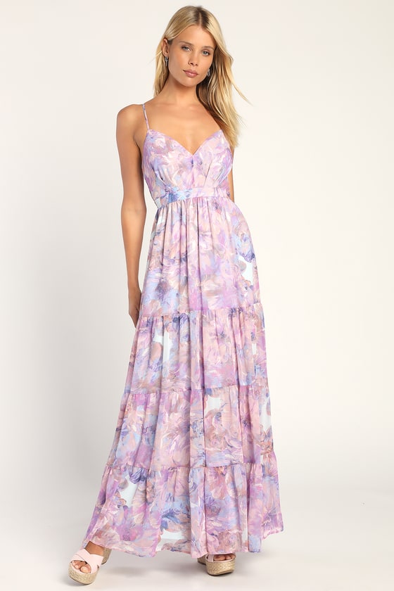 Lavender Floral Maxi Dress Tiered Maxi Dress Sleeveless Dress Lulus