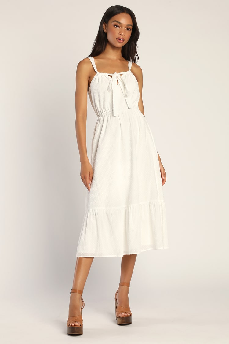 White Midi Dress - Drawstring Neckline Dress - Textured Dress - Lulus