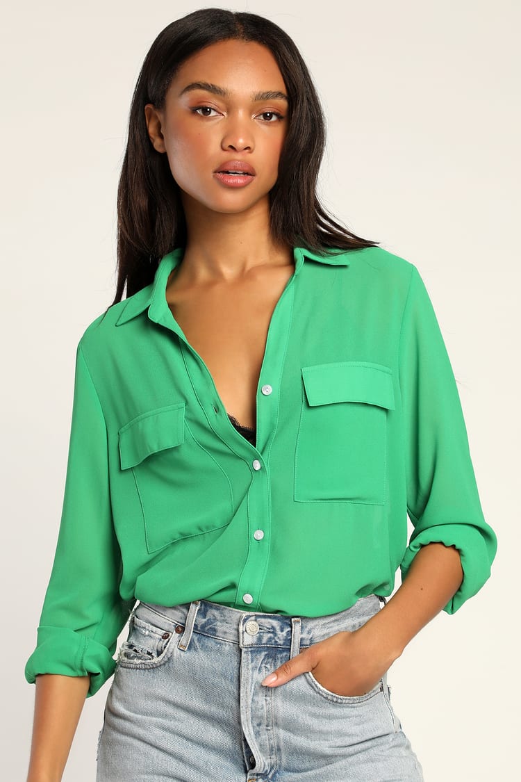 Green Long Sleeve Top - Button-Up Top - Women's Tops - Lulus