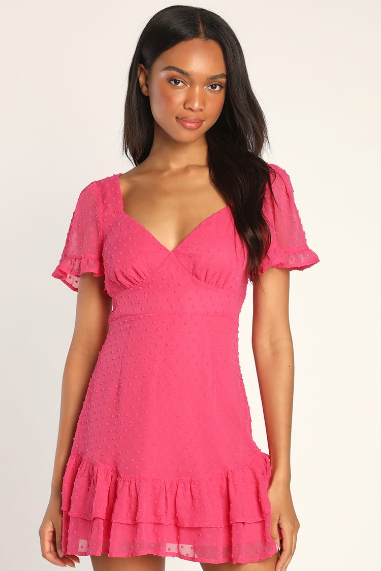 Hot Pink Swiss Dot Dress - A-Line Mini Dress - Short Sleeve Dress - Lulus