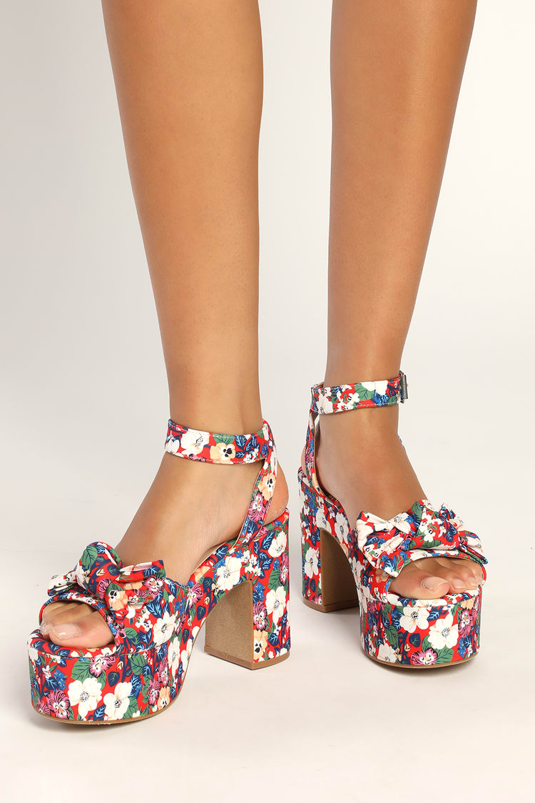 Red Floral High Heels - Floral Platform Sandals - Knotted Sandals - Lulus