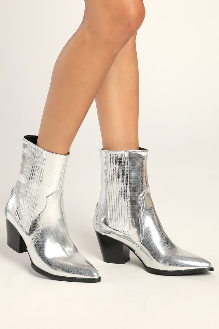 Chic Silver Boots - Mid-Calf Booties - Faux Leather Boots - Lulus