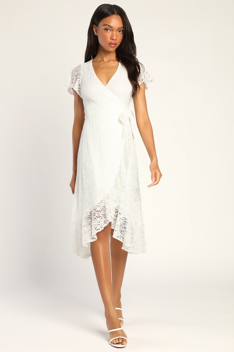 White Lace Midi Dress - High-Low Dress - Wrap Dress - Lulus