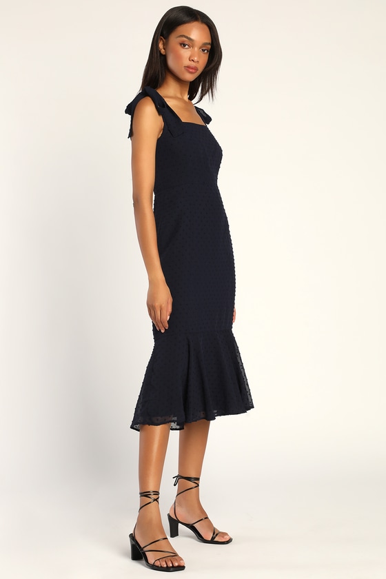 Navy Blue Dress Swiss Dot Dress Midi Dress Tie Strap Lulus