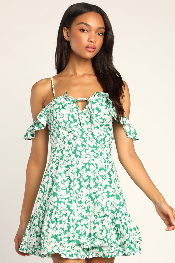 Green Floral Print Dress - Cold Shoulder Dress - Ruffled Dress - Lulus