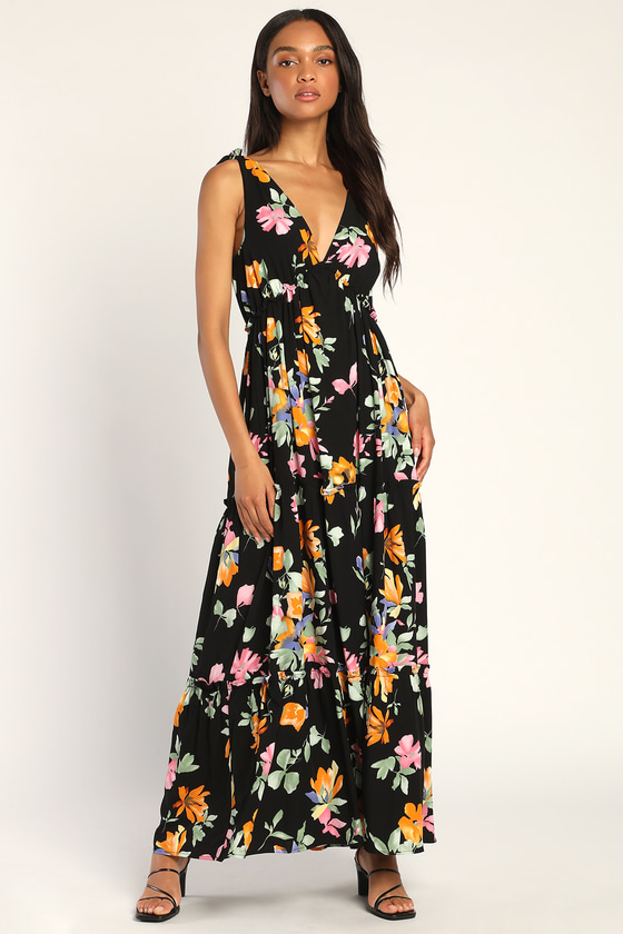 Black Floral Print Dress - Sleeveless Dress - Tiered Maxi Dress - Lulus