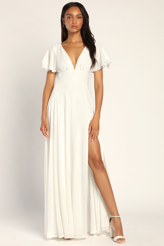 white flutter sleeve maxi dress