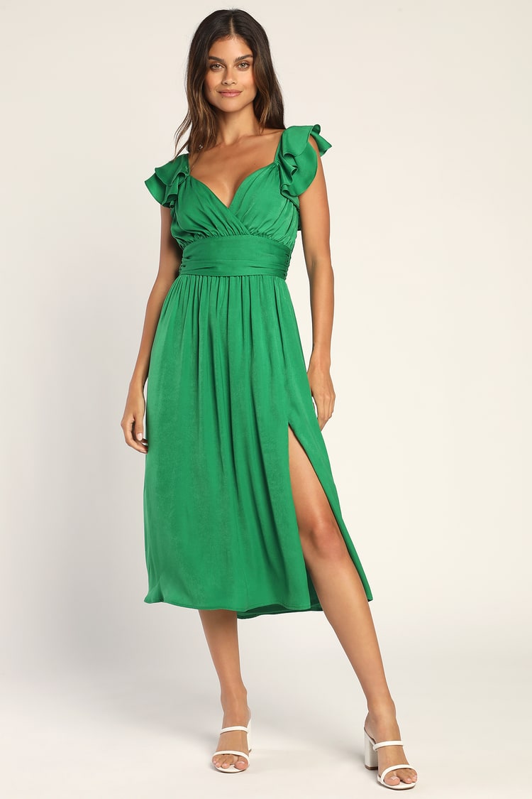 Green Satin Midi Dress - Ruffled Satin Dress - Gathered Dress - Lulus