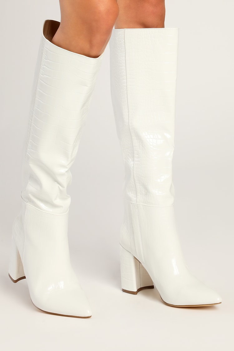 White Crocodile Boots - Slip-On Boots - Knee Boots - Lulus