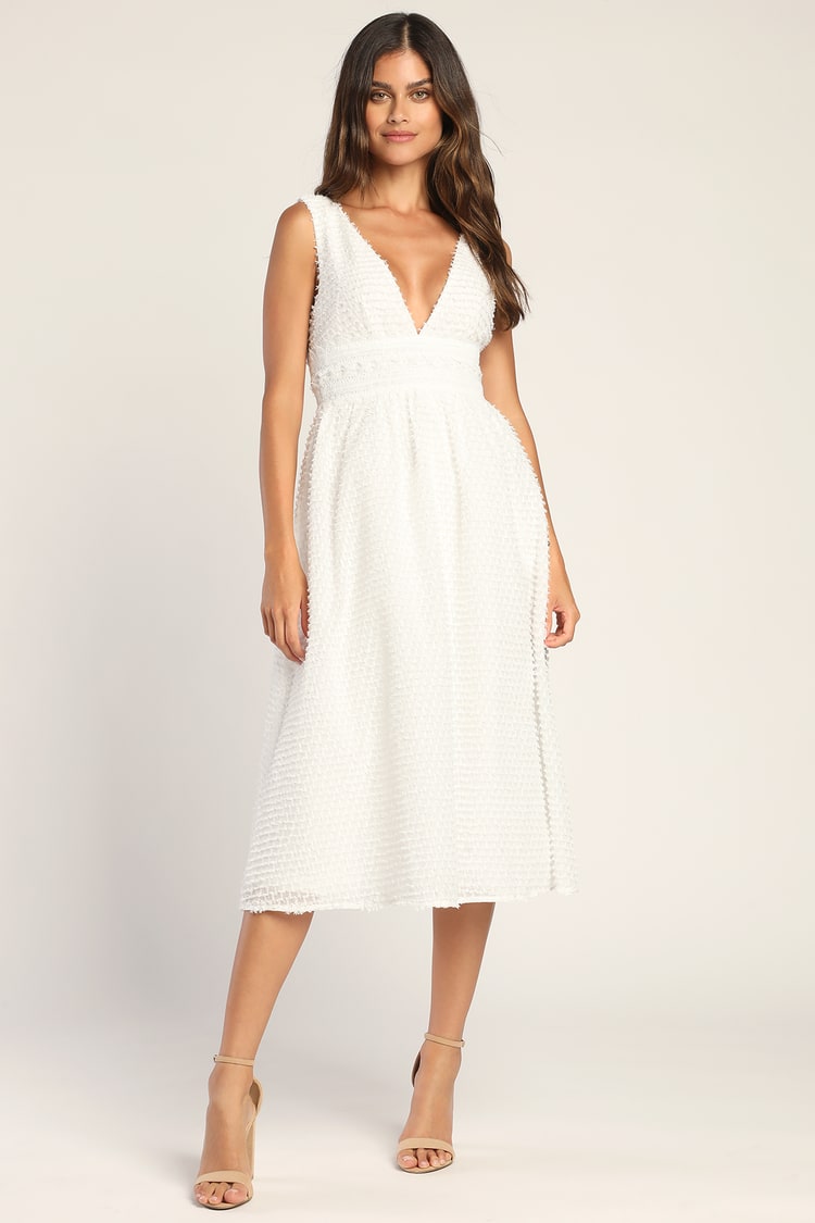 White Textured Midi Dress - Lace A-line Dress - Frayed Midi Dress - Lulus