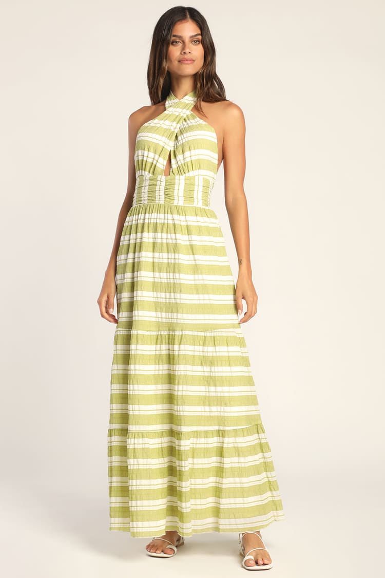 Green Striped Maxi Dress - Tiered Maxi Dress - Halter Dress - Lulus