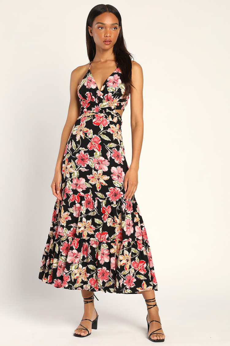 Black Floral Print Dress - Cutout Maxi Dress - Tie-Back Dress - Lulus