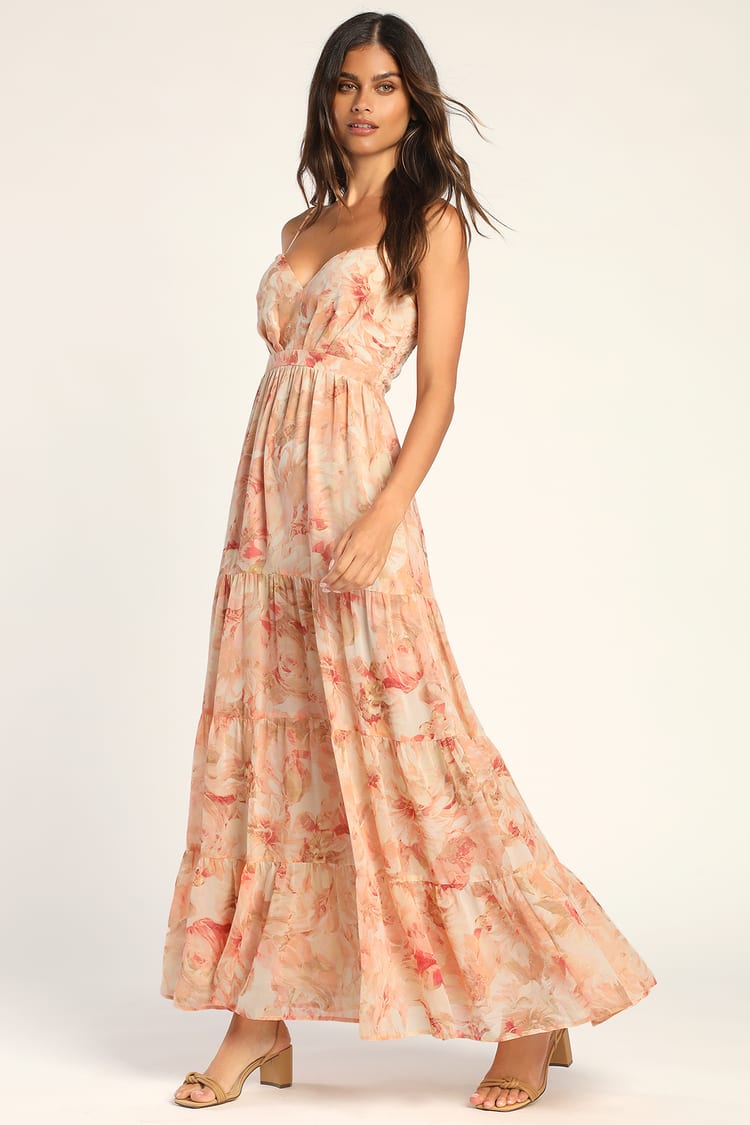 Peach Floral Maxi Dress - Tiered Maxi Dress - Sleeveless Dress - Lulus